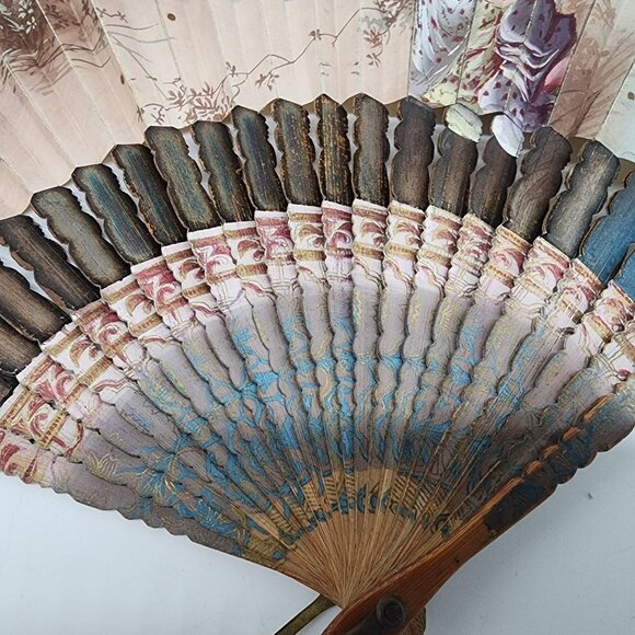 Antique Hand Painted Folding Hand Fan Elegant Ladies Design Wooden Ribs Wall Art - Picture 7 of 11